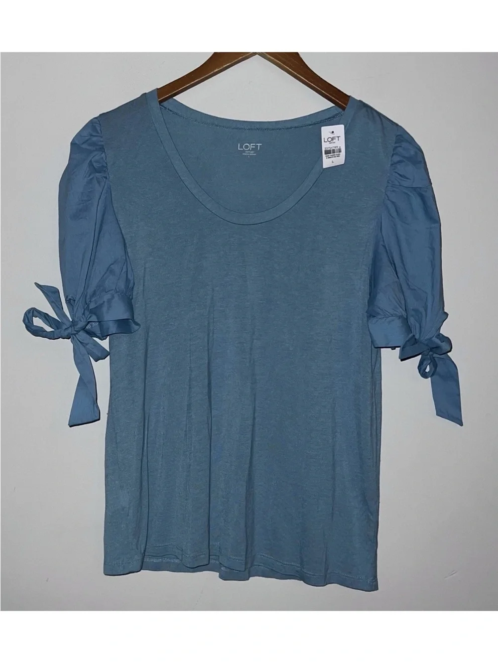 Ann Taylor Loft NWT Puff Tie Sleeves Top Blue Green Short Sleeves Soft Comfy L